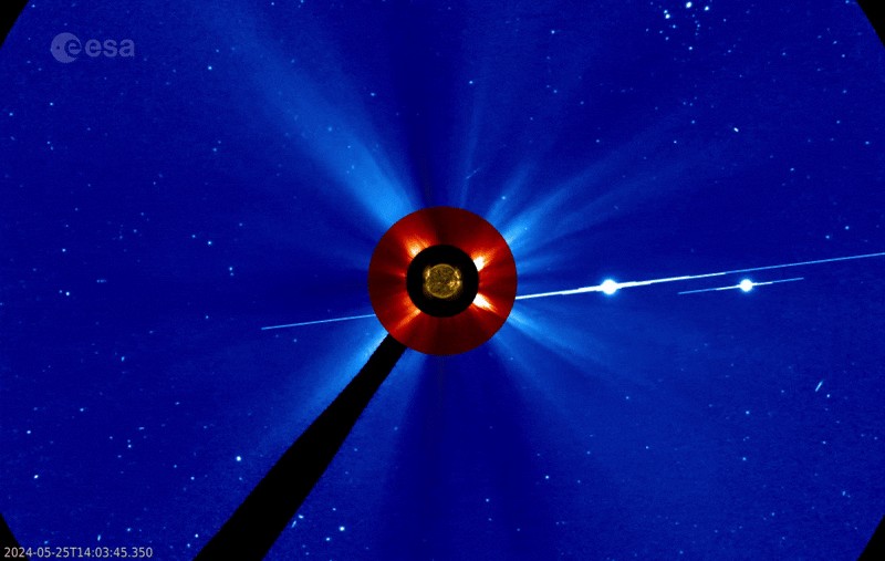 A coronal mass ejection coming from the Sun on 27 May 2024