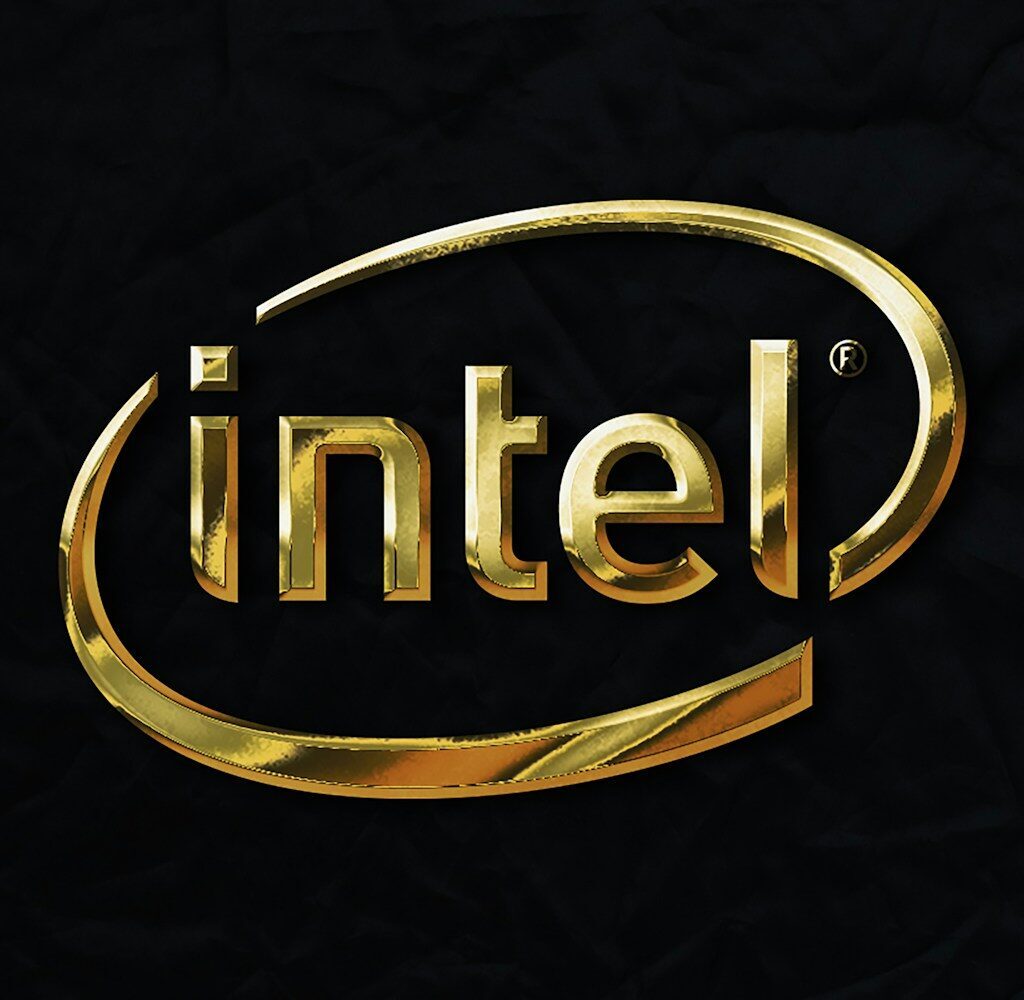 a gold intel logo on a black background